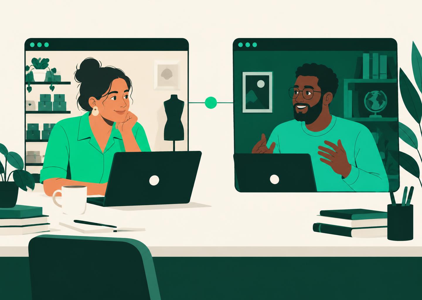 Illustration of a business owner on a video call with an African developer